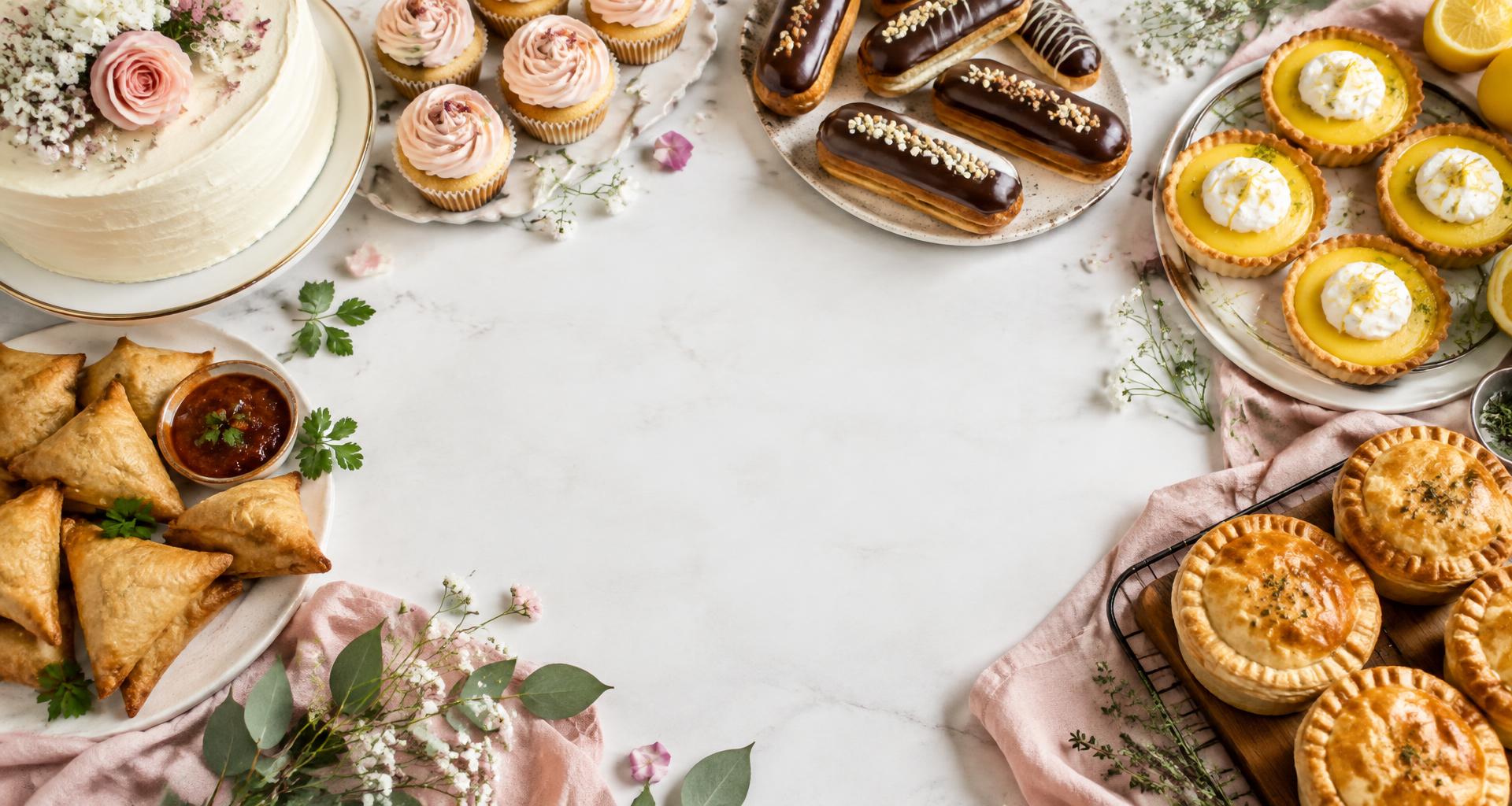 A spread of cakes, tarts, eclairs, samoosas and pies