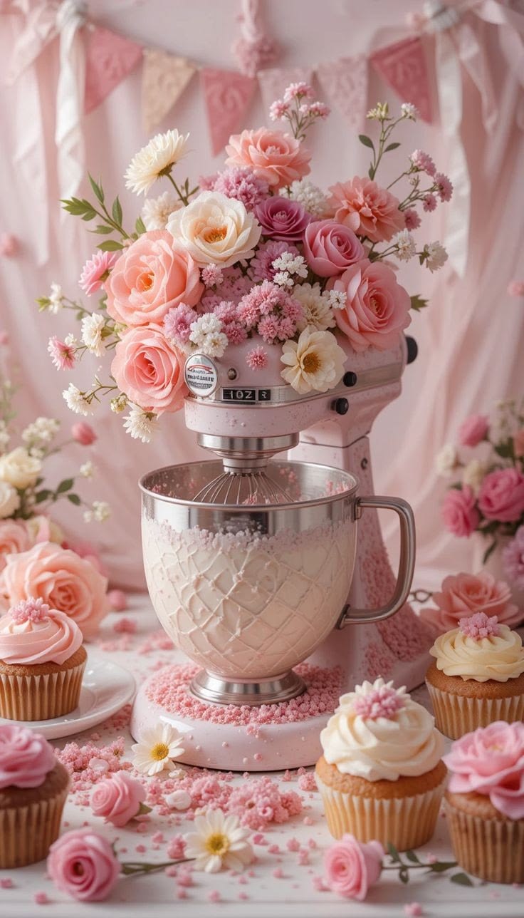 Pink mixer decorated with flowers and cupcakes